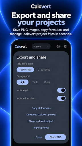 Share a .calcvert project or export a PNG